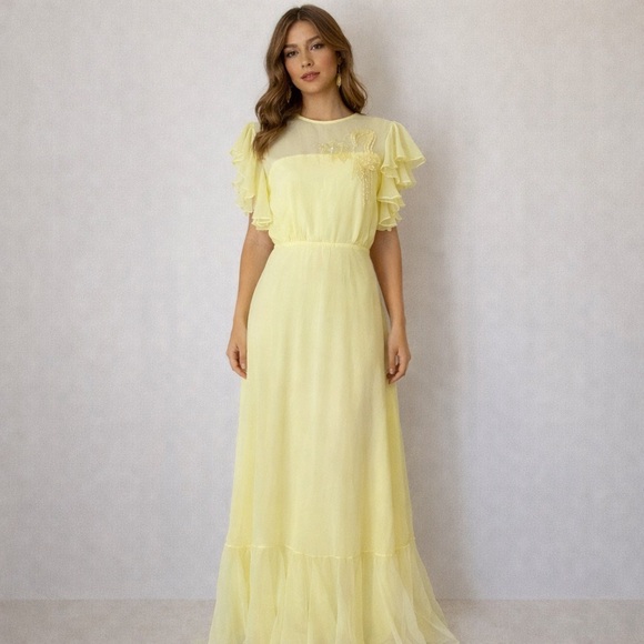 Jack Bryan Dresses & Skirts - 70s Jack Bryan Pale Butter Yellow Chiffon Evening Maxi Dress Size small